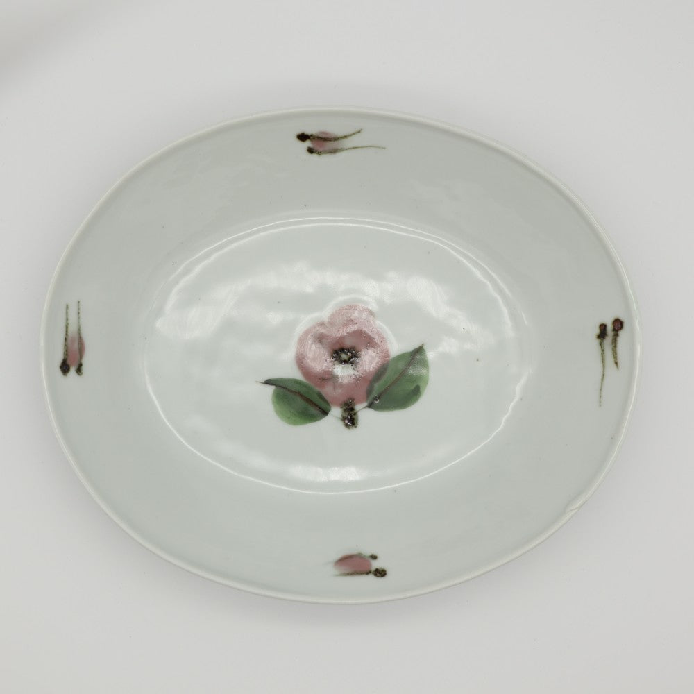 [Saito Osamu] Copper-painted oval bowl with camellia design