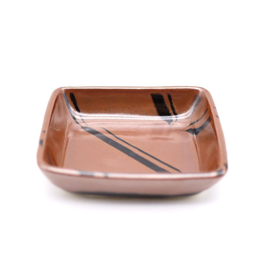 [Hagiwara Yoshinori] Persimmon glazed square bowl with line design