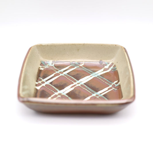 [Hagiwara Yoshinori] Persimmon glazed square bowl with line design