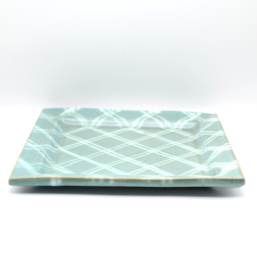 [Hagiwara Yoshinori] Celadon glazed square plate with line design (size 1 shaku)