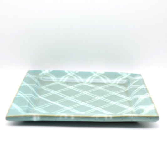[Hagiwara Yoshinori] Celadon glazed square plate with line design (size 1 shaku)