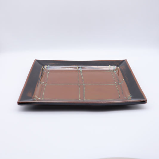 [Hagiwara Yoshinori] Persimmon Glazed Square Plate with Line Pattern, Large