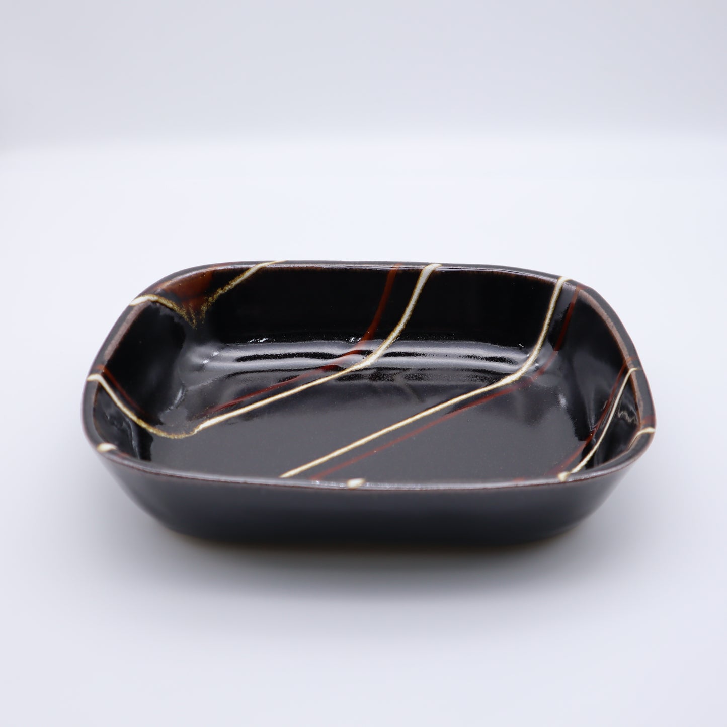 [Hagiwara Yoshinori] Black glaze rectangular bowl with line design