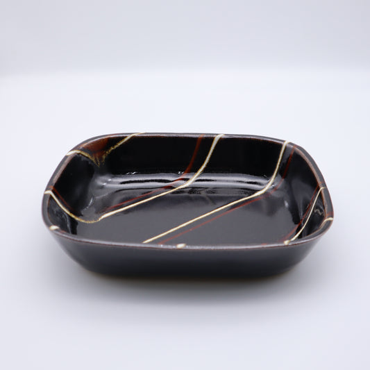 [Hagiwara Yoshinori] Black glaze rectangular bowl with line design
