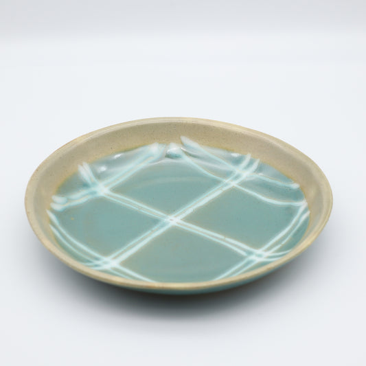 [Yoshinori Hagiwara] Celadon glazed oval plate with line design, medium size