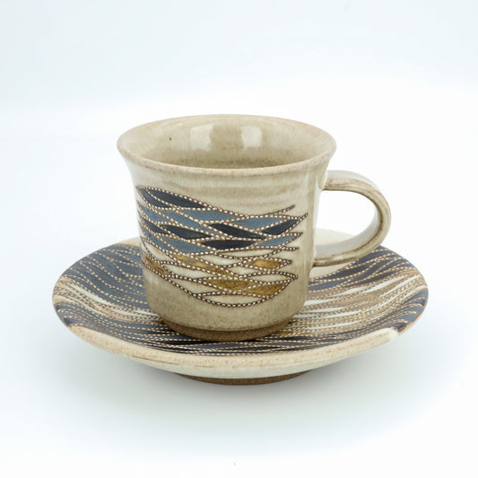 [Mukaiyama Fumiya] Inlaid glaze with wavy pattern coffee cup and plate
