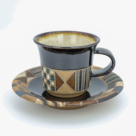 [Mukaiyama Fumiya] Inlaid glaze coffee cup and plate with border pattern