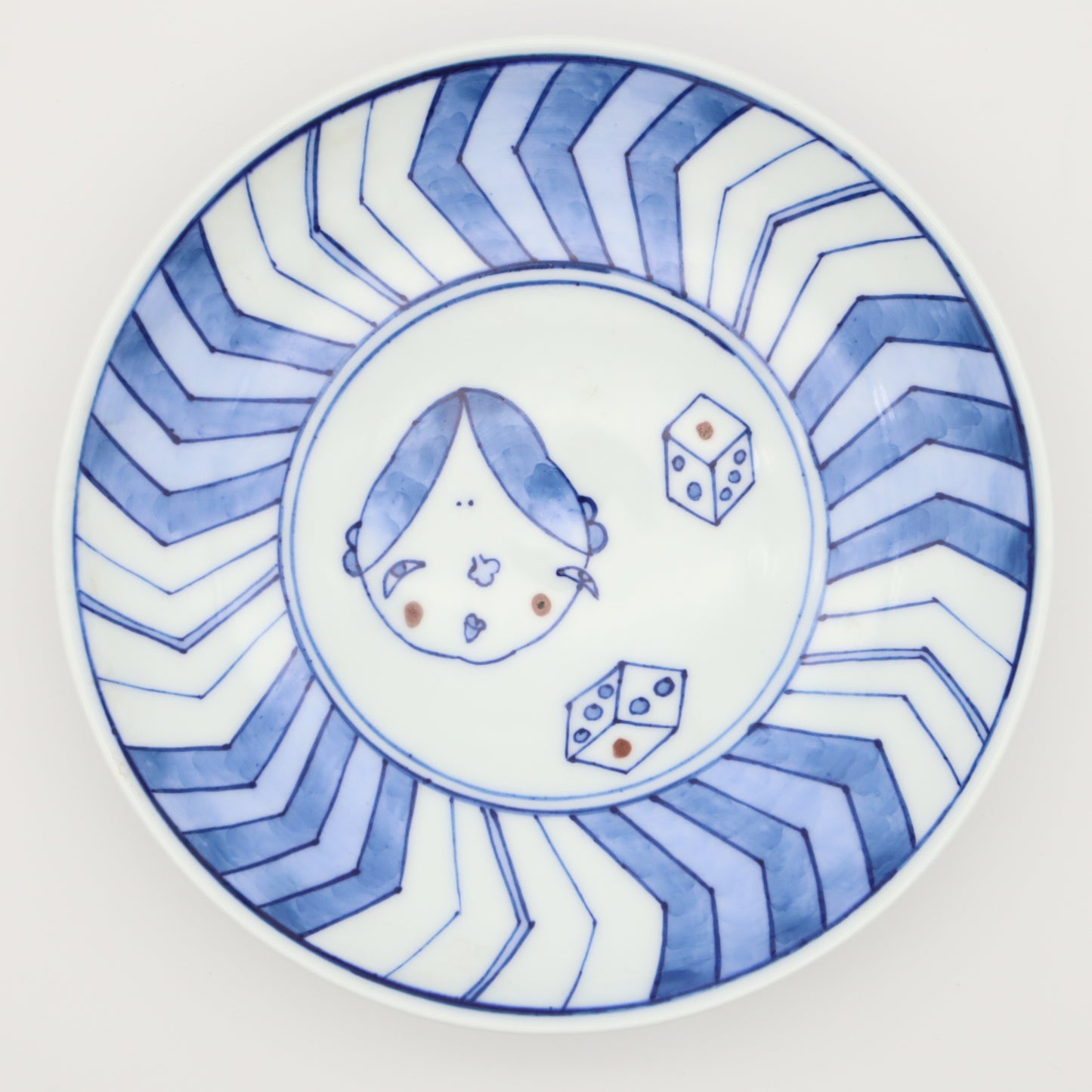 [Omura Midori] Blue and white porcelain plate with Okame design